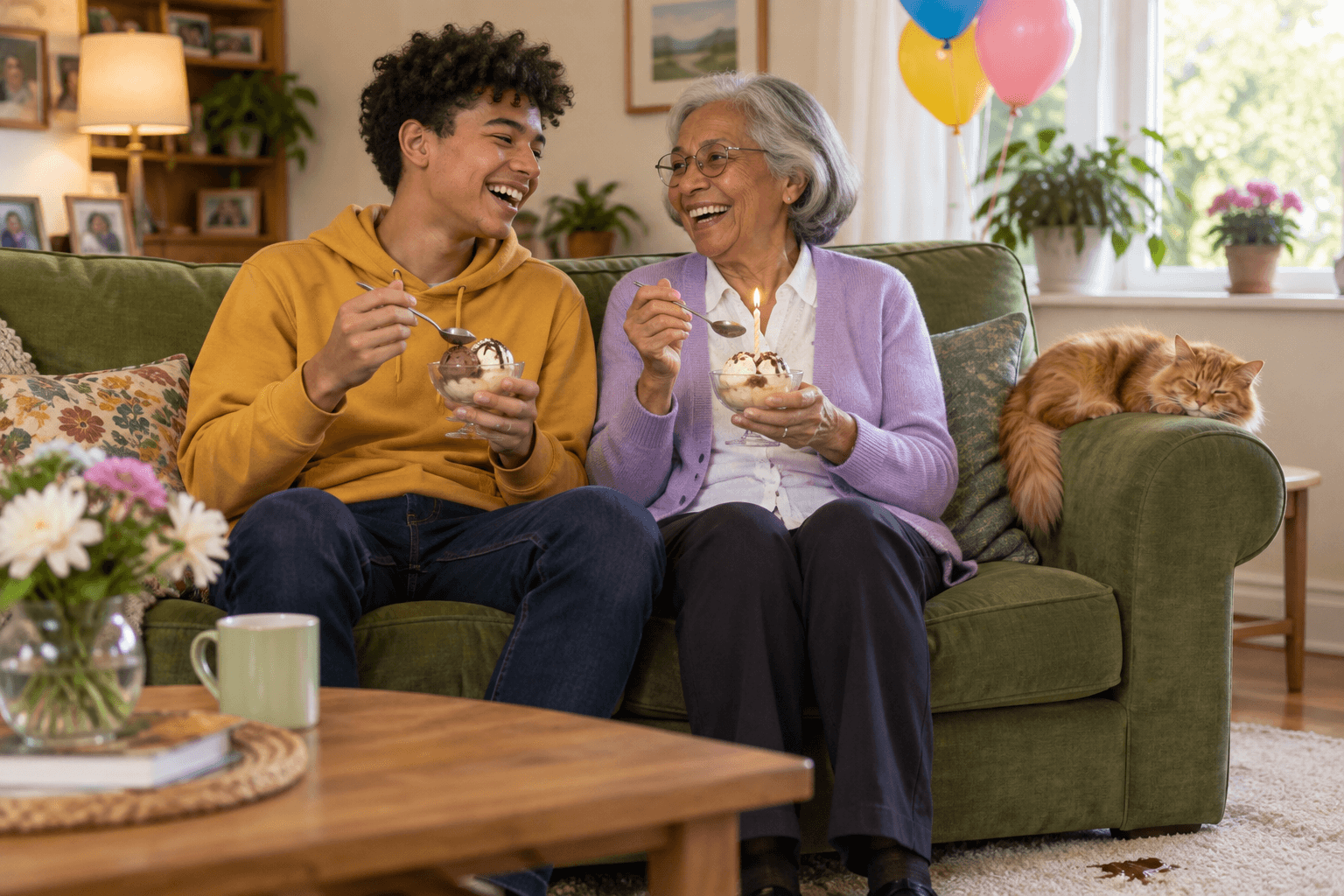 Tomás and his grandmother are sitting on the sofa, laughing and eating ice cream. There is a birthday candle in her ice cream.