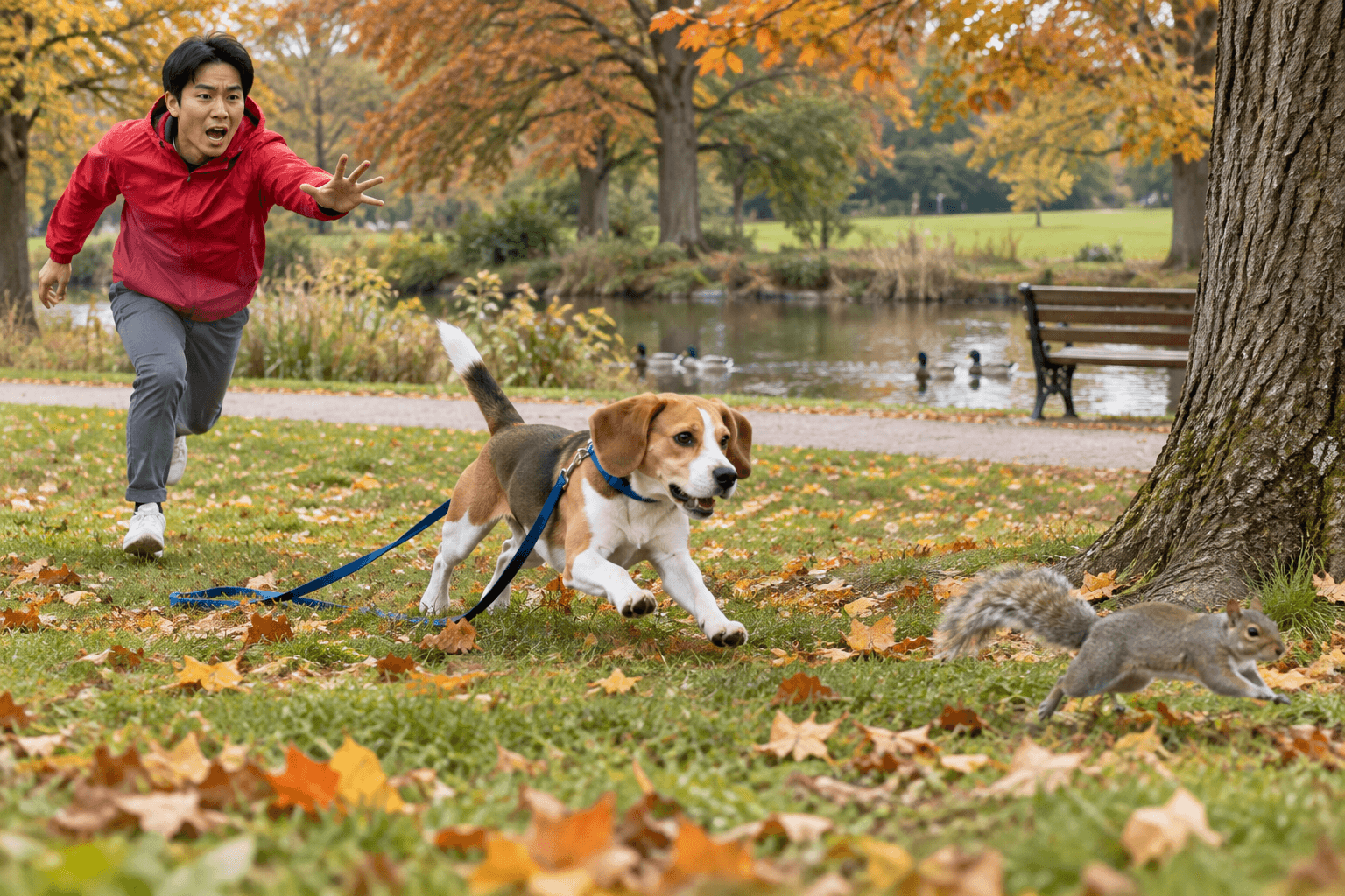 The dog runs after the squirrel with its lead on the ground. Kenji runs after the dog and shouts.